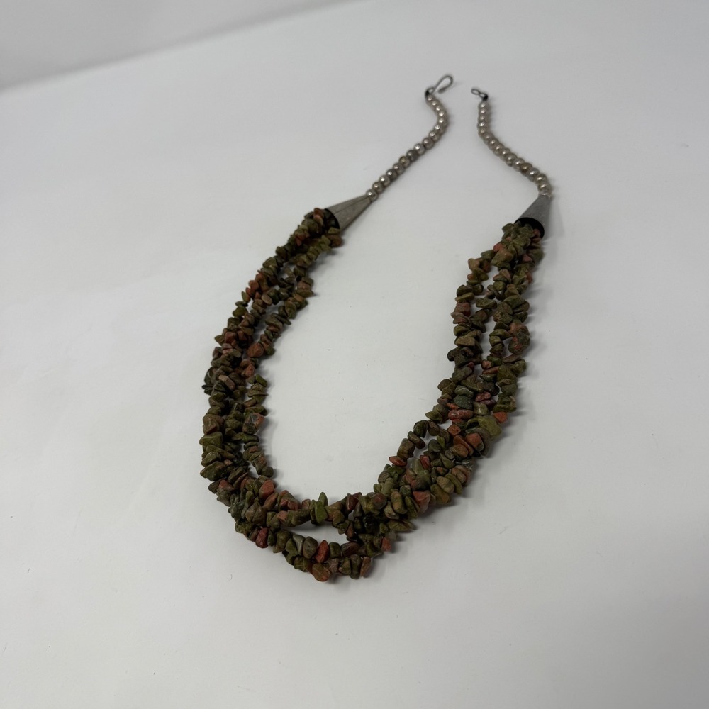 Unakite Stone Chip Multi Strand Necklace Green boho Hook Closure rustic